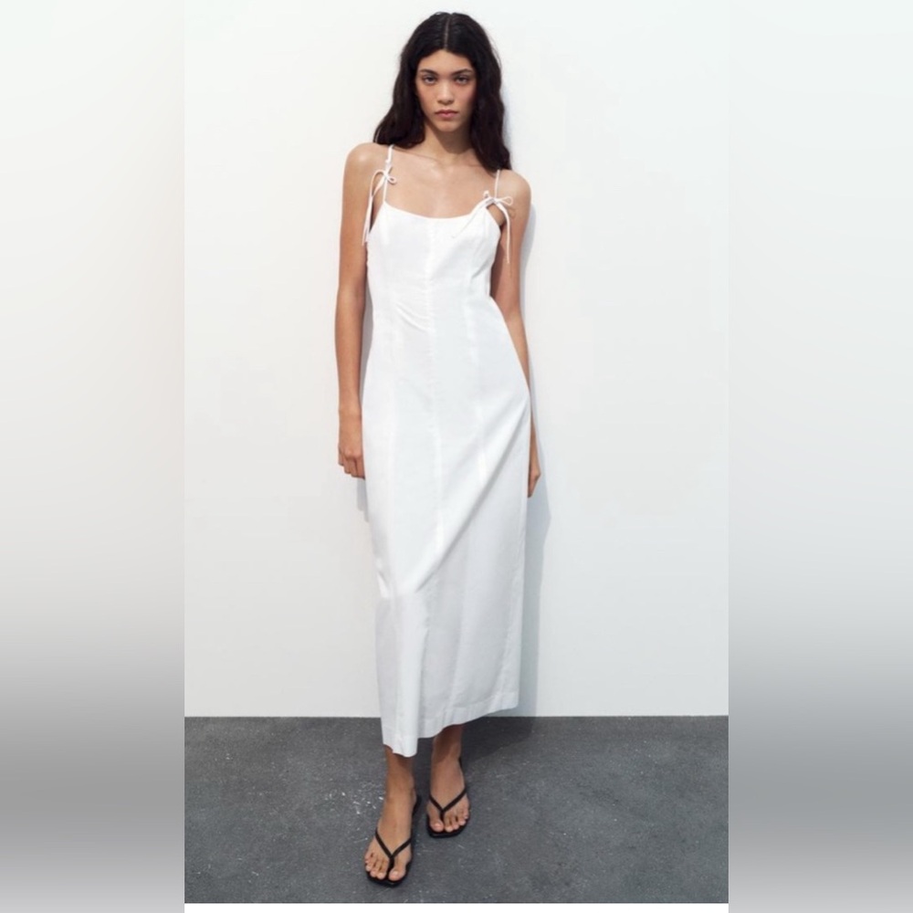 New Zara White Cotton Bow Gabardine Midi Dress Size Small NWT